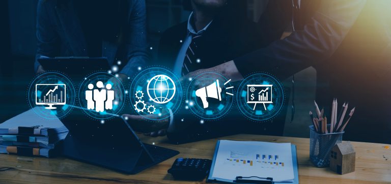 Hand shows the sign and icon of Digital marketing internet advertising and sales increase business technology concept, online marketing, E-business, Ecommerce, Business online.