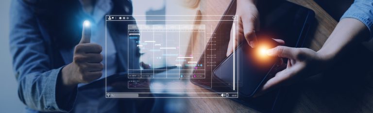 Analyst working with computer in Business Analytics and Data Management System to make report with KPI and metrics connected to database. Corporate strategy for finance, operations, sales, marketing